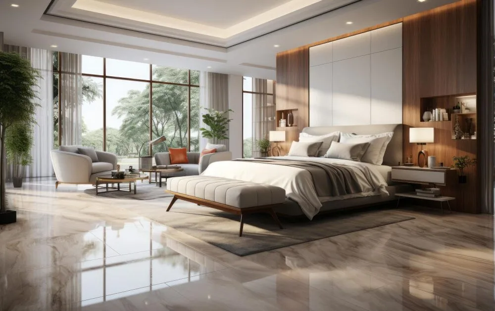 A modern bedroom with polished bathroom floor tiles reflecting the natural light from large windows overlooking greenery