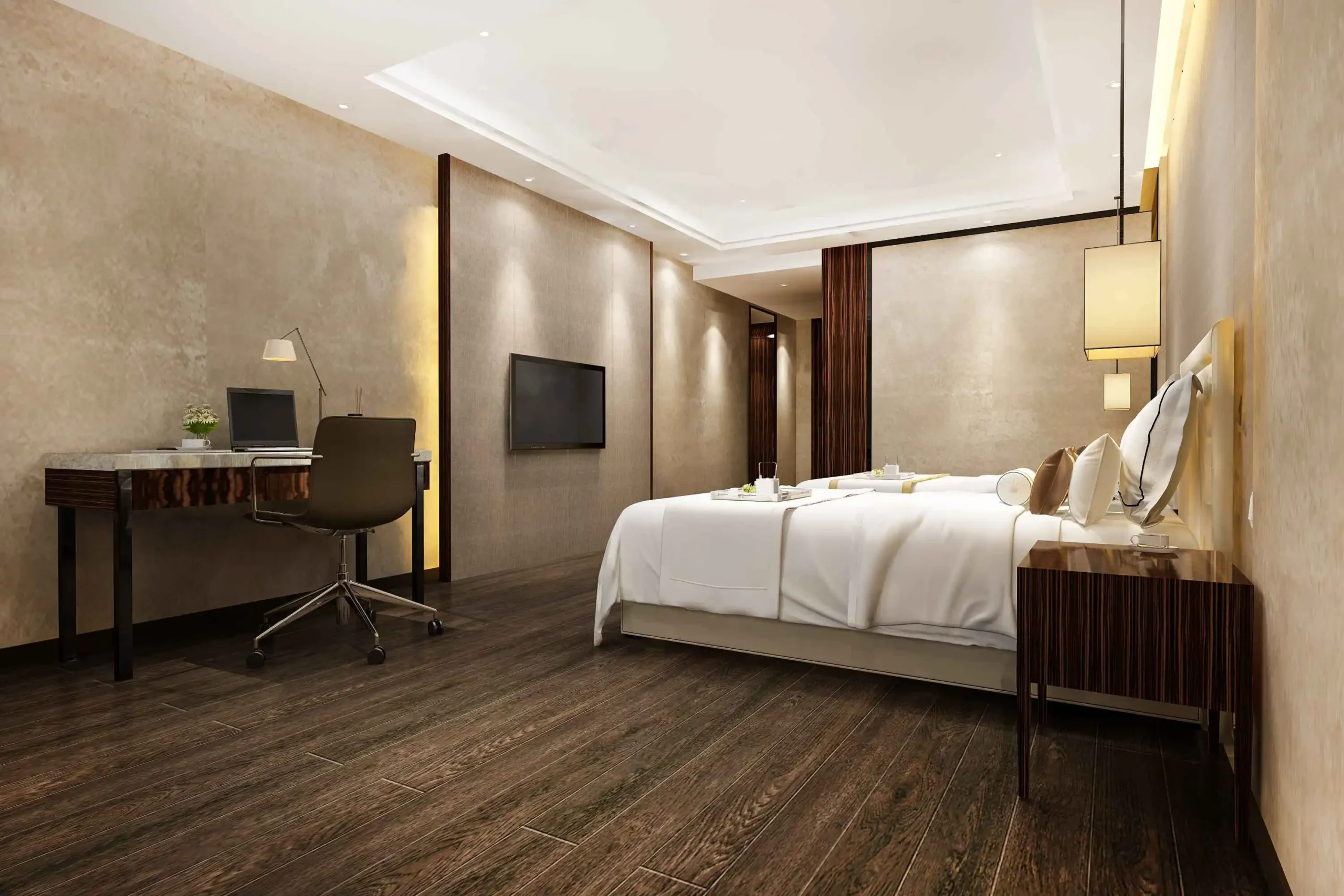 Bedroom floor tiles made of brown Vinyl tile in dark themed room